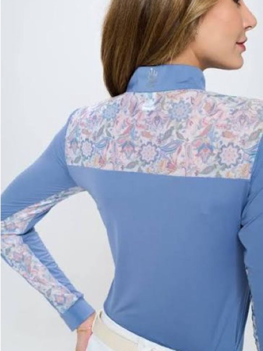 Light Blue Long Sleeve Equestrian Sun Shirt with Floral Back Panel